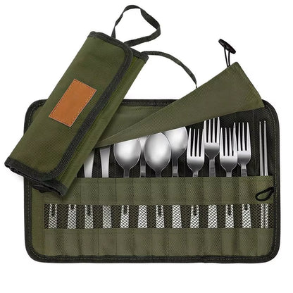 Outdoor Camping Cutlery Storage Bag Portable Roll up Pouch Bag Cutlery Storage Water Resistant Case for Forks Spoons Chopstick