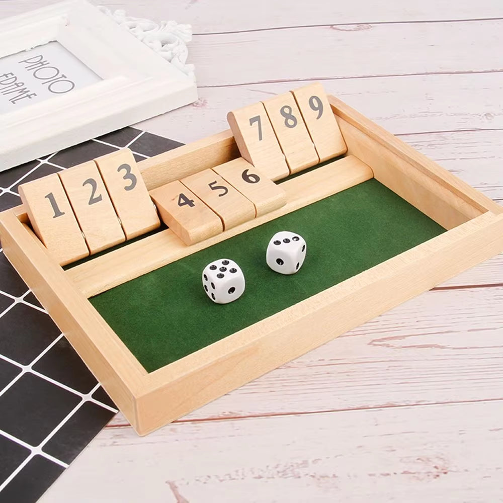 Shut the Box Dice Board Game Wooden Flaps & Dices Game 4 Players Pub Bar Party Supplies Family Entertainment for Kids & Adults