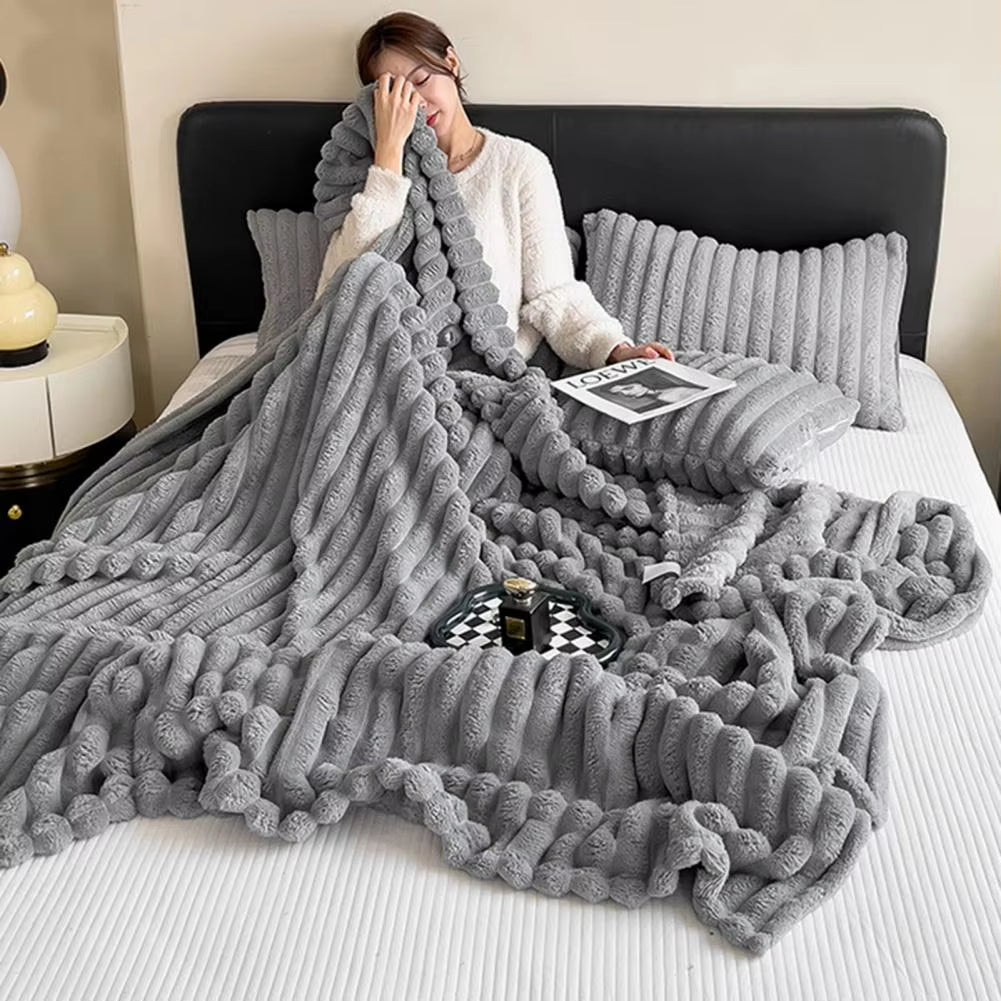 Flannel Blanket Thickened Faux Rabbit Plush Bubble Texture Solid Color Office Home Bed Sofa Travel Cozy Warm Winter Blanket